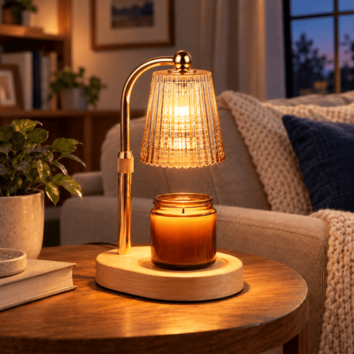 HearthHalo Tapered Glass Shade candle warmer with curved gold neck and teardrop finial in an everyday American living room