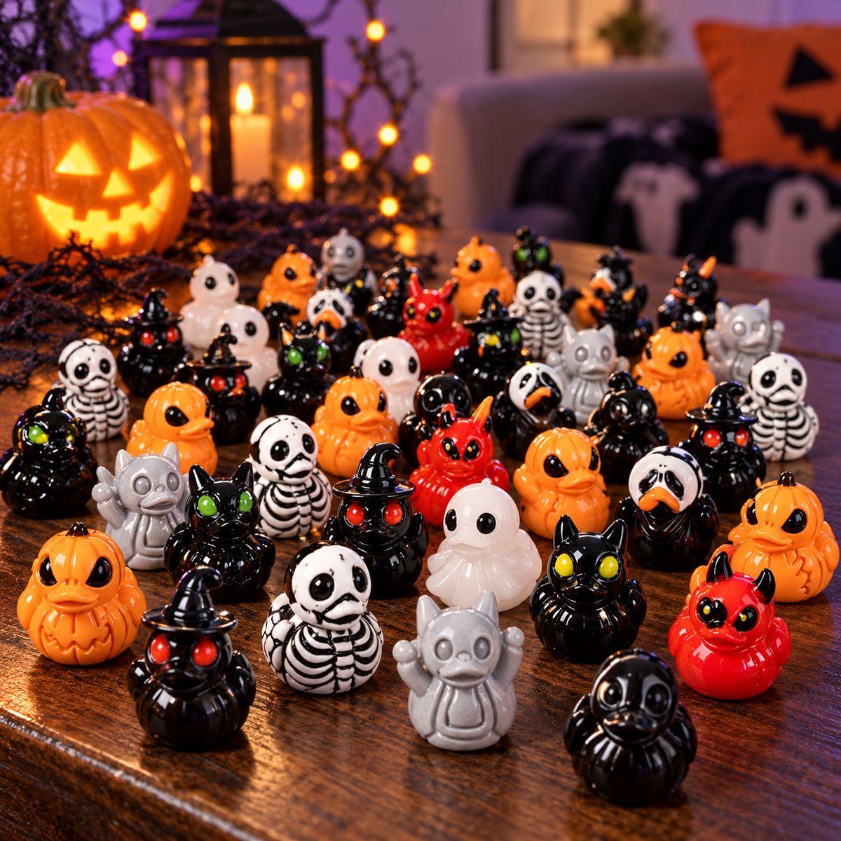Spooky Quack Pack miniature Halloween ducks in a home display