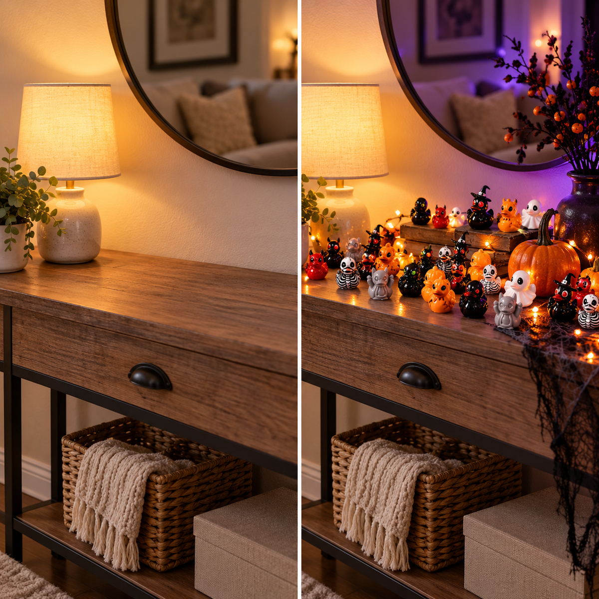 Before and after Halloween console decorated with Spooky Quack Pack ducks