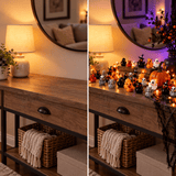 Before and after console table transformed with miniature Halloween duck decorations