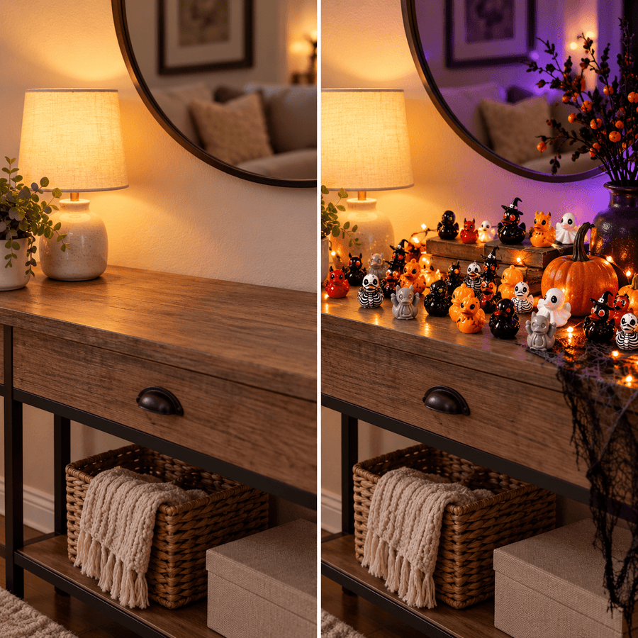 Before and after console table transformed with miniature Halloween duck decorations