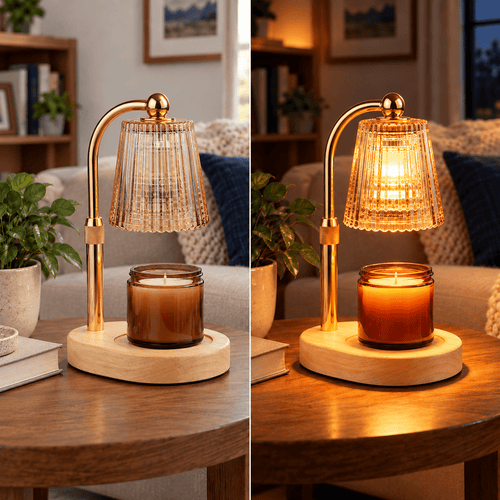 HearthHalo Tapered Glass Shade candle warmer before and after warm ambient lighting