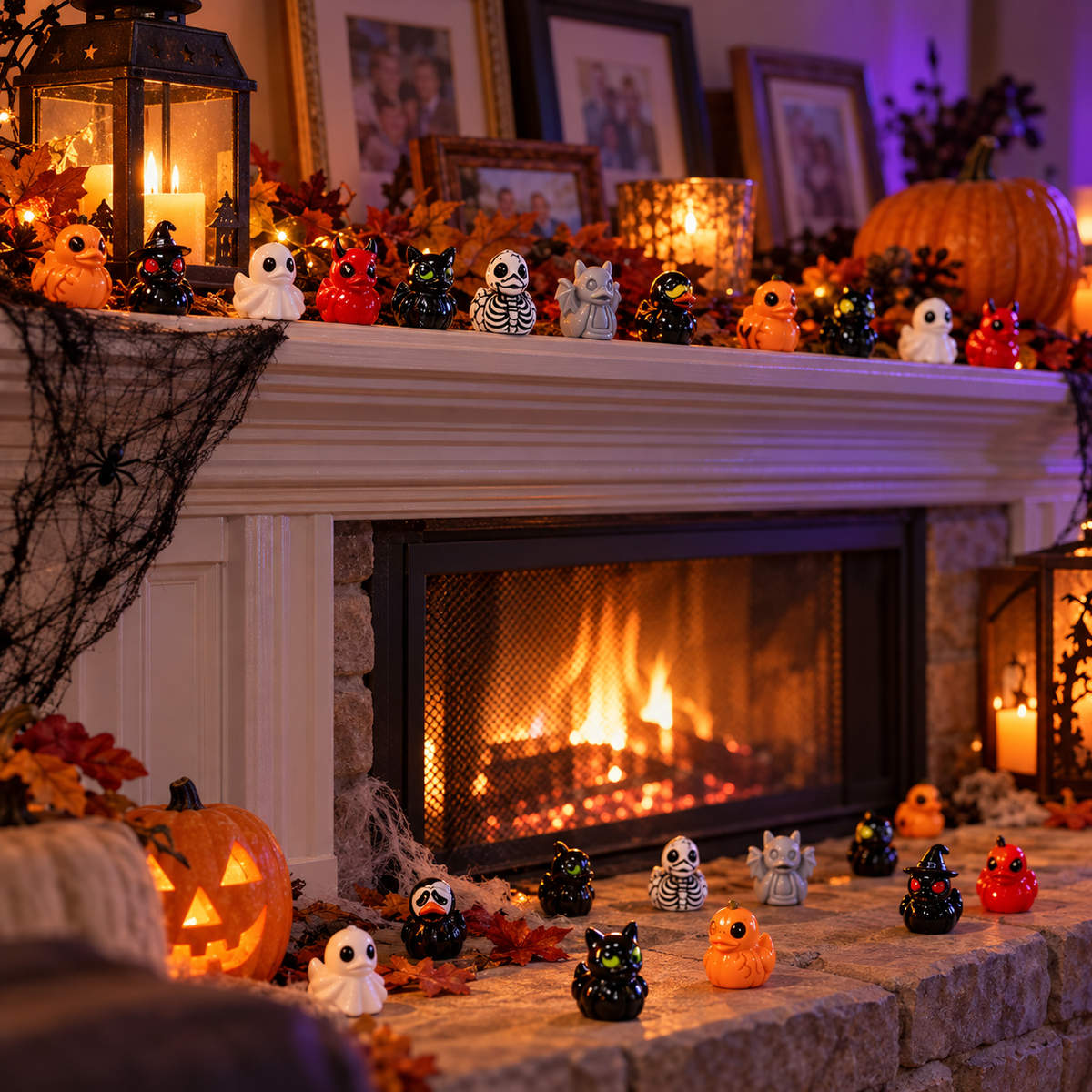 Mini Halloween duck figurines on a fireplace mantel