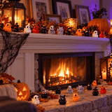 Spooky Quack Pack miniature ducks decorating a fireplace mantel in an ordinary home