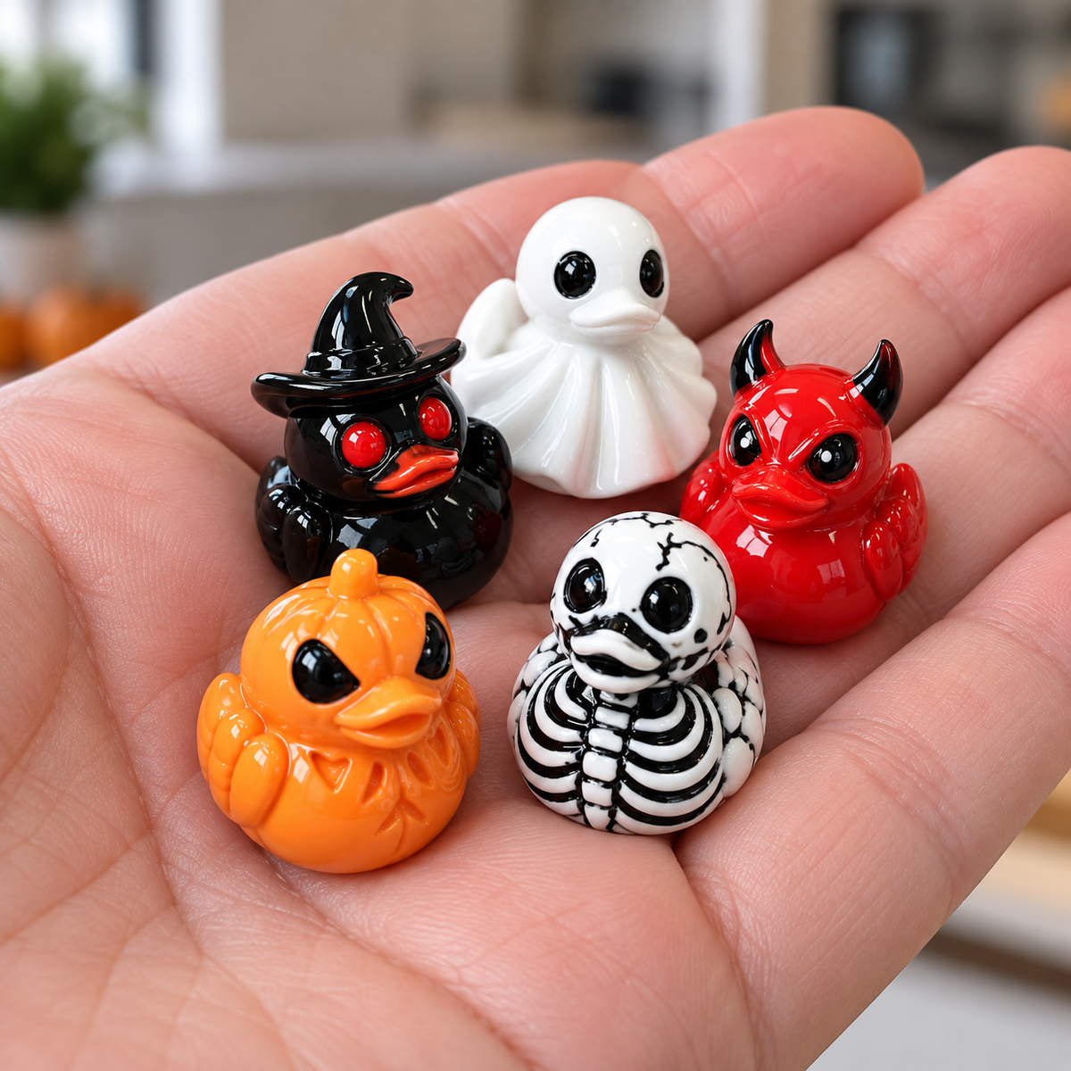 Five tiny Halloween duck figurines shown in an adult hand