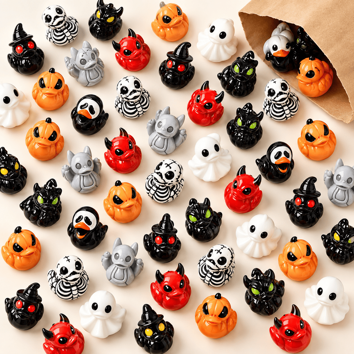 Random assortment of skeleton, ghost, pumpkin and dark Halloween duck figurines