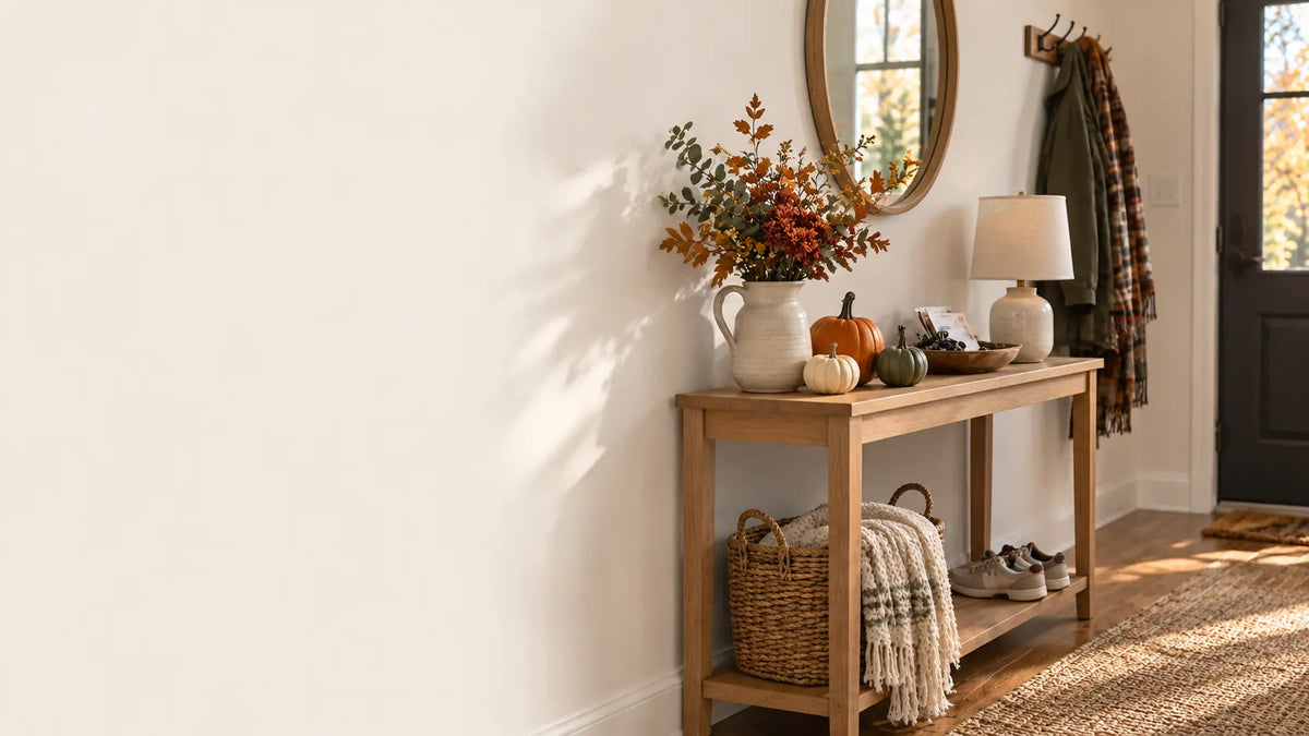 Everyday American entryway decorated for fall with pumpkins and a simple console table