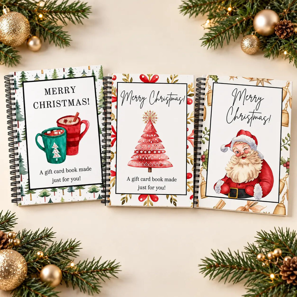 Three MerryCard Christmas cover designs with mugs, a holiday tree and Santa