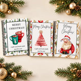 Three MerryCard Christmas cover designs with mugs, a holiday tree and Santa