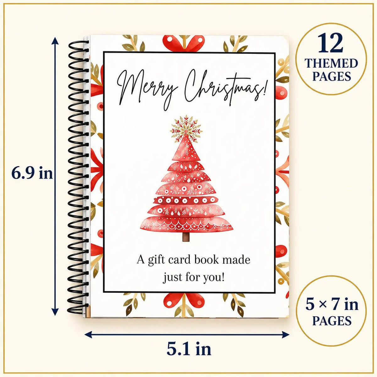 MerryCard dimensions 6.9 inches by 5.1 inches with 12 themed 5 by 7 inch pages