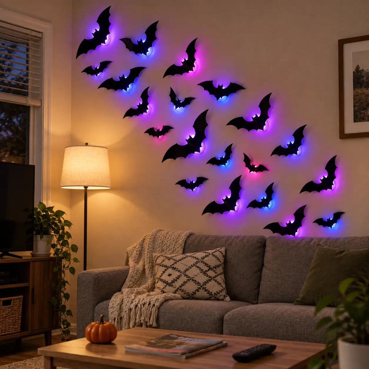Midnight Swarm LED bat wall lights glowing above a gray sofa in an everyday living room