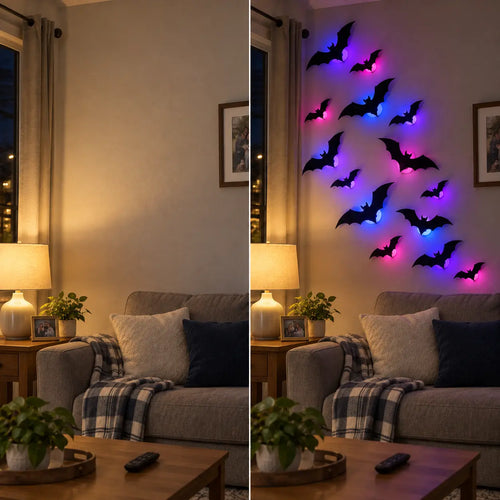 Before and after view of an ordinary living room wall decorated with Midnight Swarm bat lights