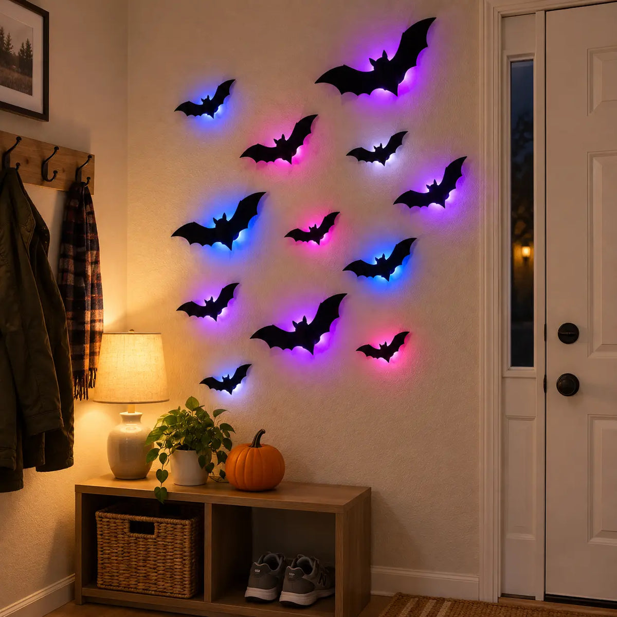 Twelve Midnight Swarm bat lights arranged in a practical family entryway