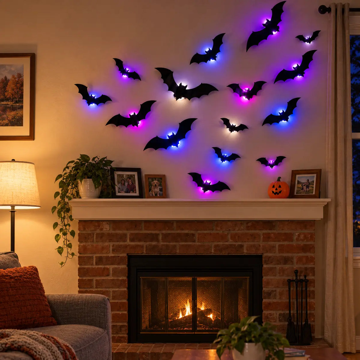 Midnight Swarm bat lights above a simple brick fireplace in a suburban living room
