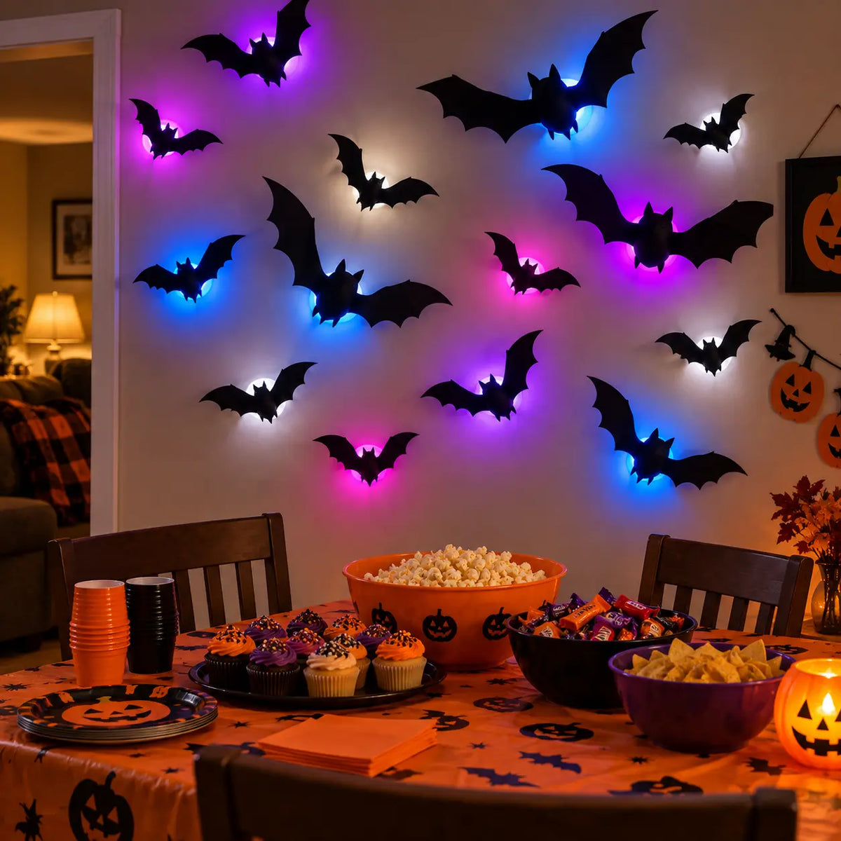 Midnight Swarm bat lights over a casual family Halloween snack table