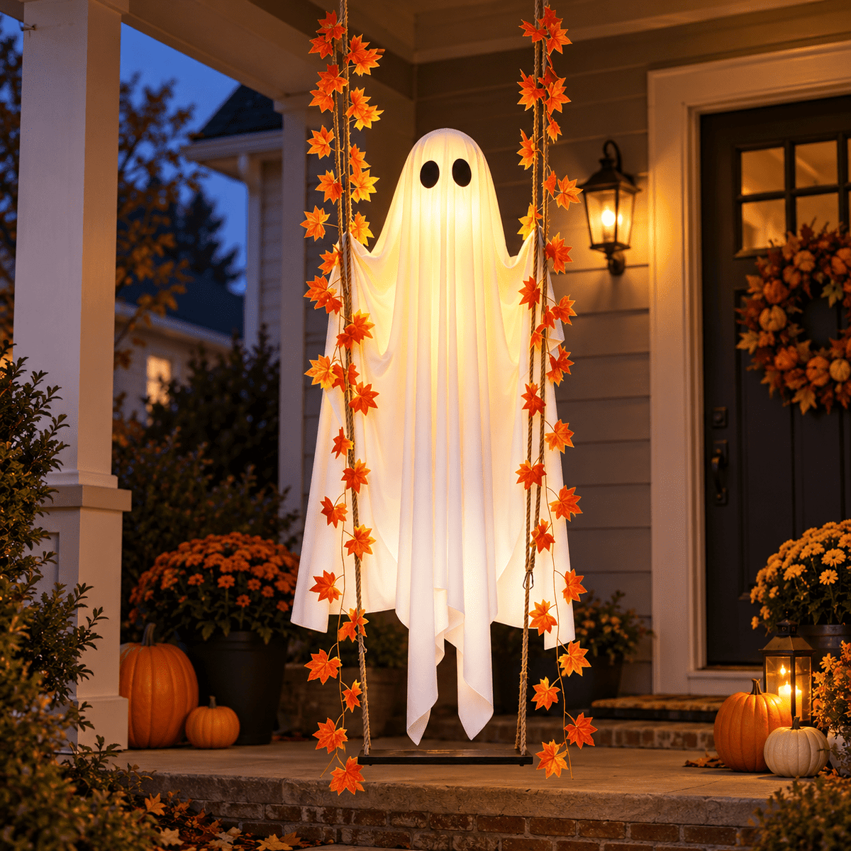 Spectral Swing illuminated ghost decoration hanging on an everyday American front porch at night