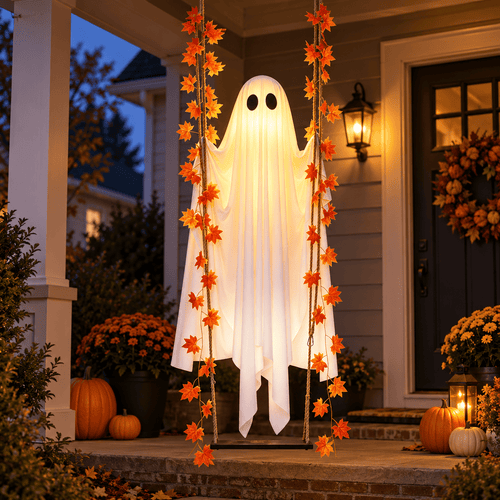 Spectral Swing illuminated ghost decoration hanging on an everyday American front porch at night