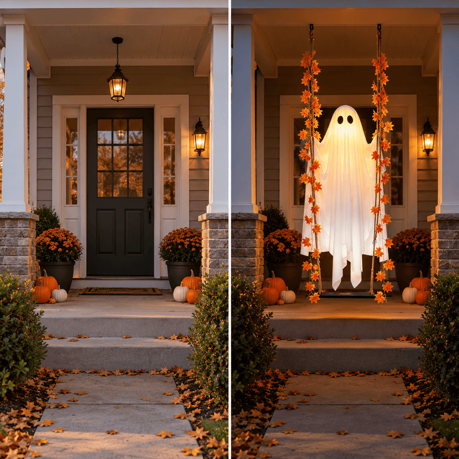 Before and after view of an ordinary front porch transformed by Spectral Swing