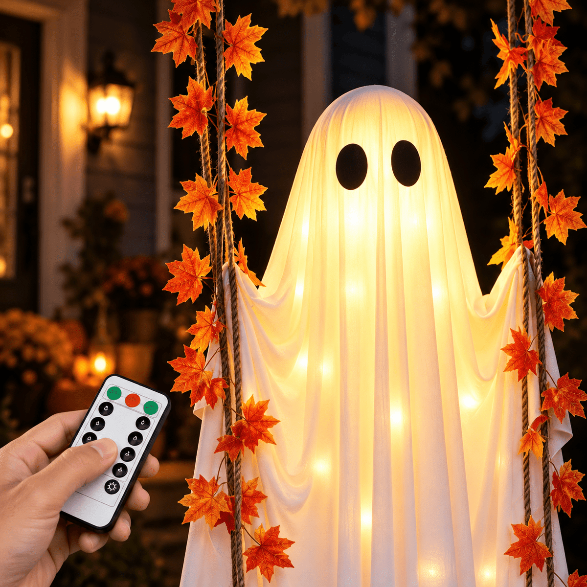 Close-up of Spectral Swing warm white lights, fabric and included remote control