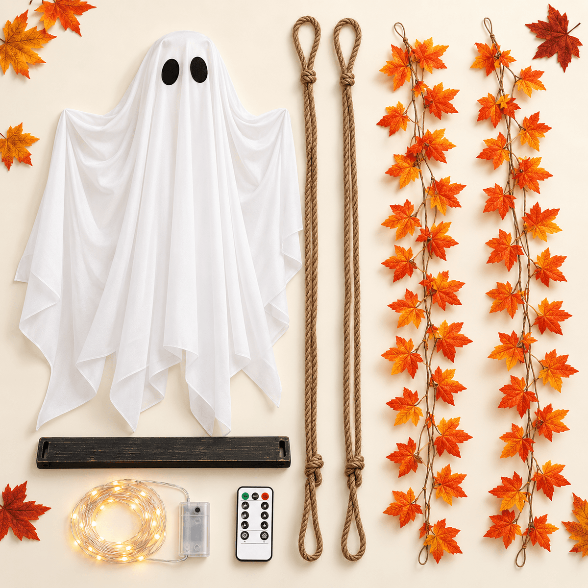 Spectral Swing components including ghost, swing seat, ropes, leaf garlands, lights and remote