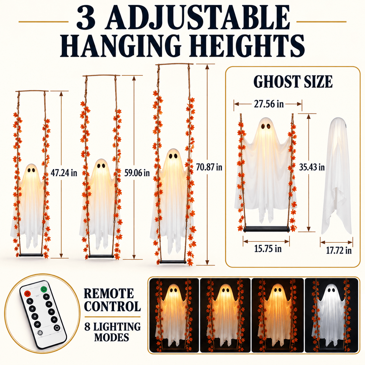 Spectral Swing size guide with adjustable hanging heights and dimensions in inches
